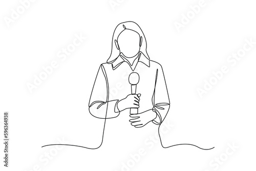 Single one line drawing young tv newscaster woman reporting tv news. News anchor concept. Continuous line draw design graphic vector illustration.