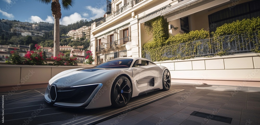 Fototapeta premium Illustration of electric car in city, created with Generative AI technology.