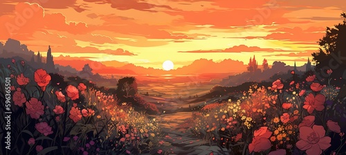 Beautiful sunset in the flower field, Cartoon Art - Generative ai