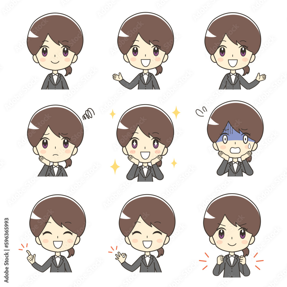 様々な表情のスーツの女性のイラスト