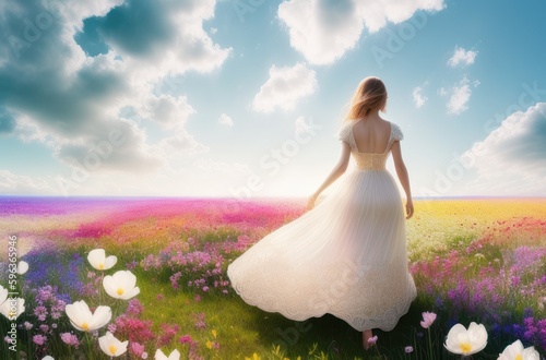 A young woman in a light translucent dress walks through a flowering field. Back view. generative ai.