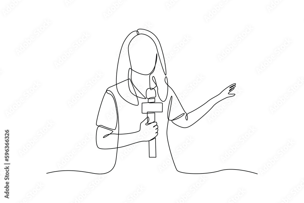 Single one line drawing young tv newscaster woman reporting tv news. News anchor concept. Continuous line draw design graphic vector illustration. Single one line drawing young tv newscaster woman reporting tv news. News anchor concept. Continuous line draw design graphic vector illustration.