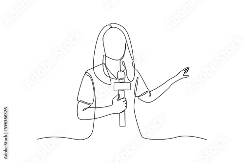 Single one line drawing young tv newscaster woman reporting tv news. News anchor concept. Continuous line draw design graphic vector illustration.