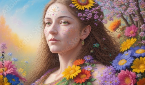 Portrait of a Beautiful Woman Surrounded by Colorful Flowers. Generative ai.