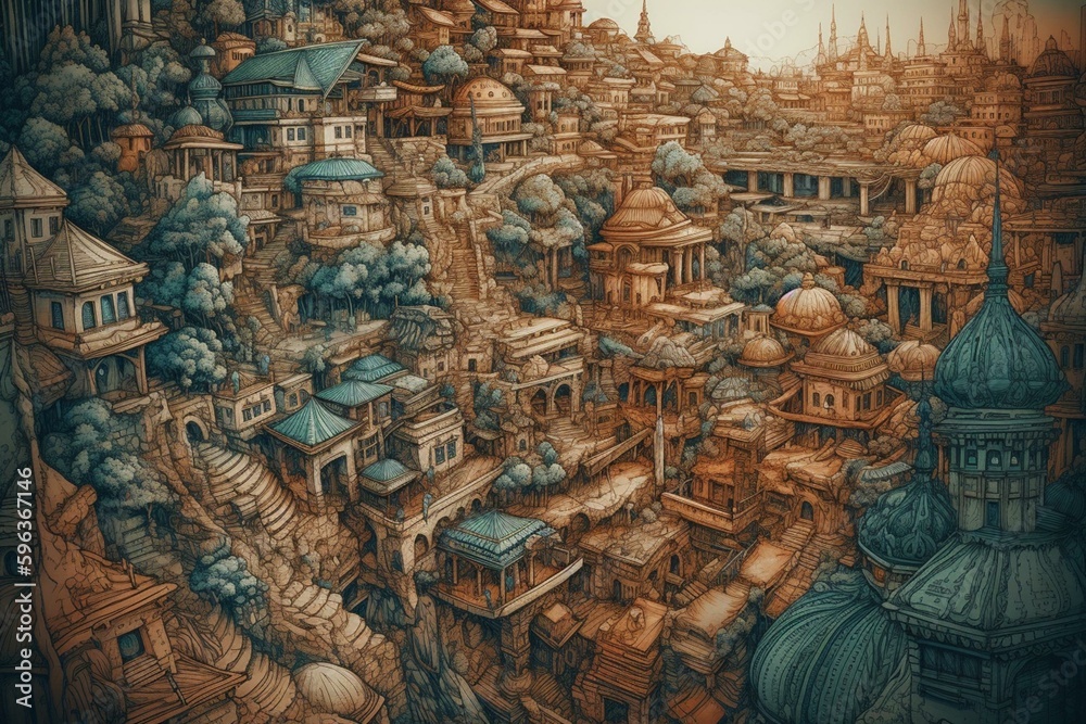 Vivid, intricate drawing of fantastical Jerusalem done with markers and pencil. Generative AI