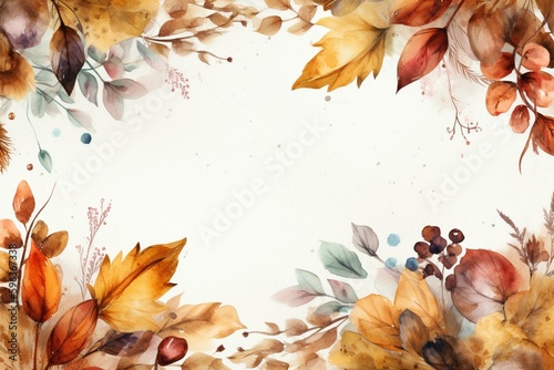 Watercolor autumn border on white with fall frame. Ideal for thanksgiving cards, invite templates and more. Generative AI