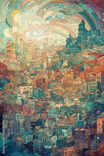 A stunning surreal & abstract mosaic cityscape of Twisted Buildings and Muted Colors using Generative AI