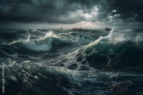 Artistic depiction of a massive ocean storm with towering waves and dark skies. Generative AI