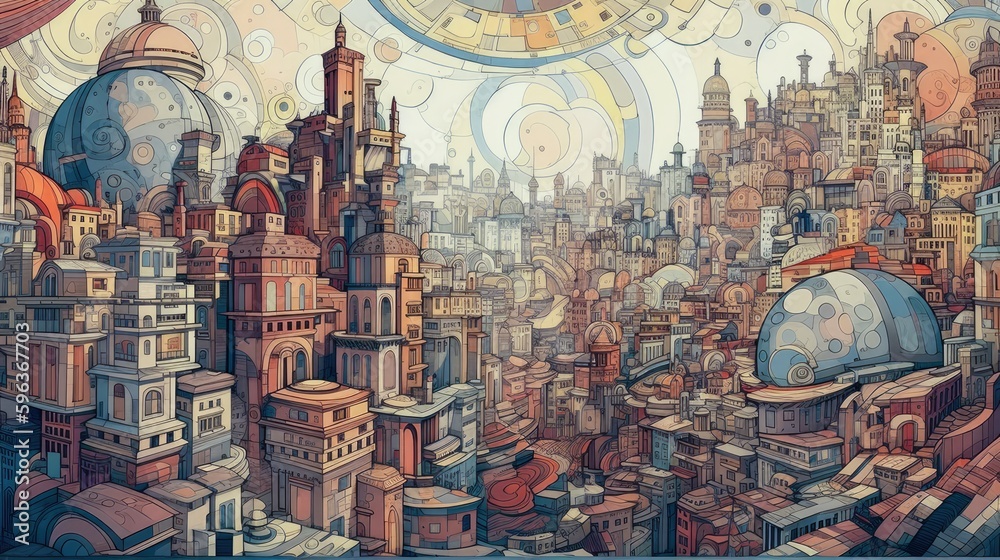 A stunning surreal & abstract mosaic cityscape of Twisted Buildings and Muted Colors using Generative AI A stunning surreal & abstract mosaic cityscape of Twisted Buildings and Muted Colors using Generative AI