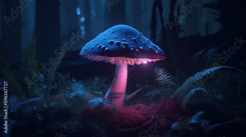 Glowing Mushroom in Dark Forest. Generative Ai