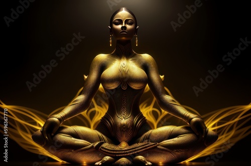 Silhouette of a girl sitting in a lotus position in the rays of golden light. The concept of meditation, self-improvement, exit to the astral plane, activation of the chakras. Generative ai.