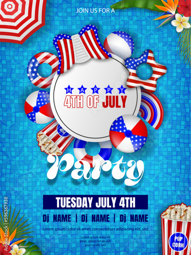 4th of july pool party poster. american independence background with inflatables on pool water