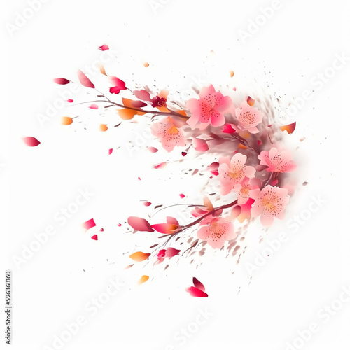 Sakura blossom branch. Falling petals, flowers. Isolated flying realistic japanese pink cherry or apricot floral elements fall down vector background photo