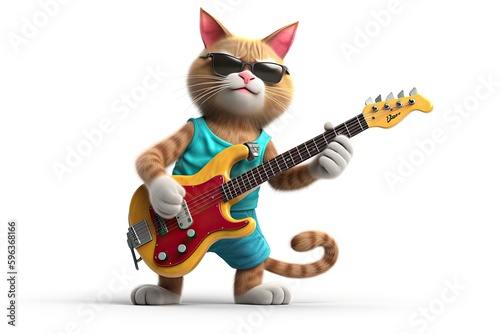Red cat rockers playing electric guitar isolated on white, illustration © zakiroff