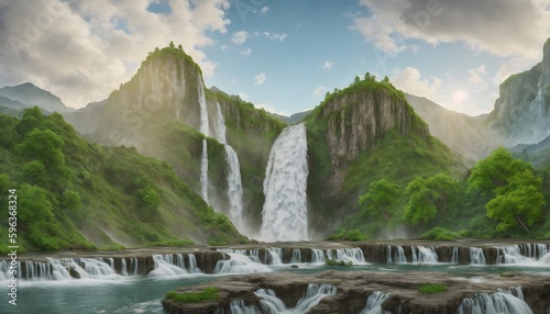 Wonderful waterfall in the mountains. Landscape Photography. Mountain waterfalls with a picturesque landscape. Generative AI