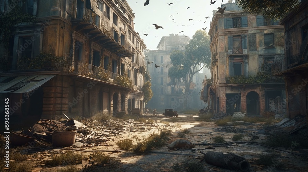 A dramatic and mysterious abandoned city with crumbling on a wonderfull sunny day