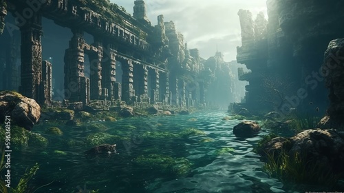 A dramatic and mysterious sunken city with ancient ruins