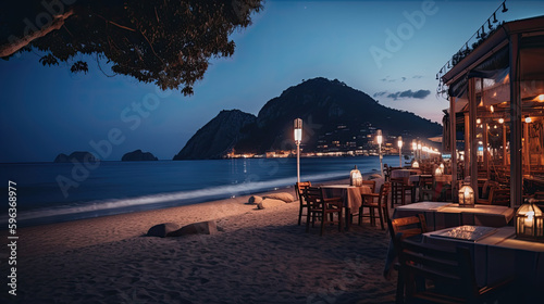 cafes and restaurants on the beach promenade at night. Generative AI