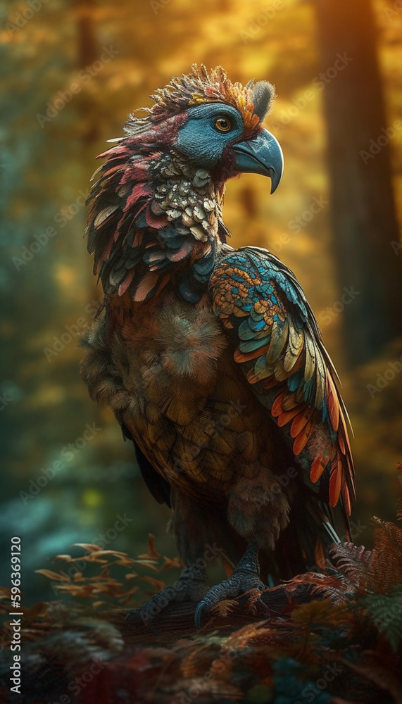 Mistical big colorful bird guardian of the fores , Generative AI
