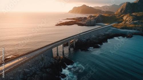 aerial view of a road going along the sea at sunset. Generative AI