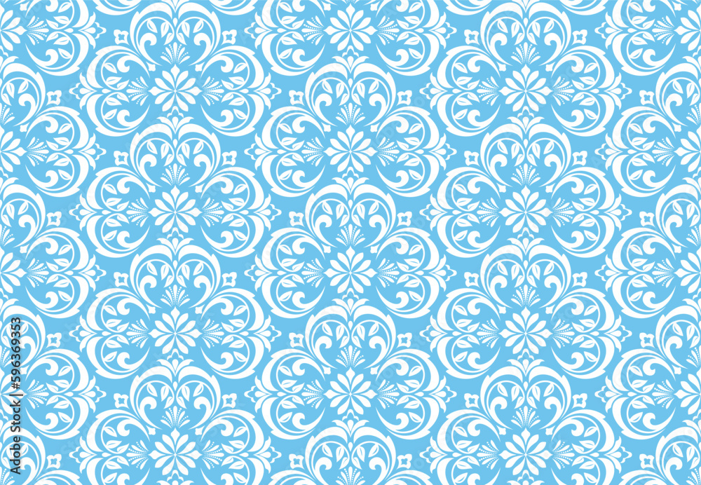 Wallpaper in the style of Baroque. Seamless vector background. White and blue floral ornament. Graphic pattern for fabric, wallpaper, packaging. Ornate Damask flower ornament