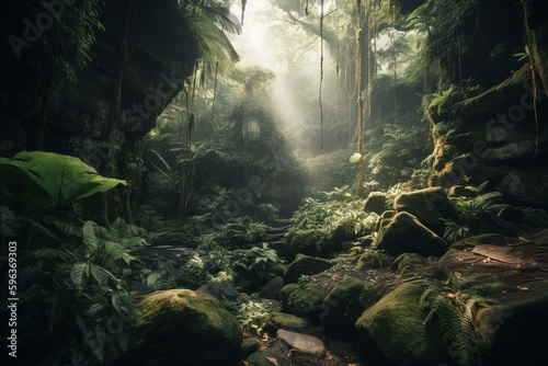 Tropical forest with rocky vaults and lush foliage near Bali waterfall Sekumpul. Generative AI