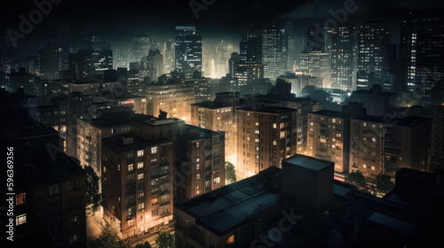 urban big city at night. lights are on in many windows. Generative AI
