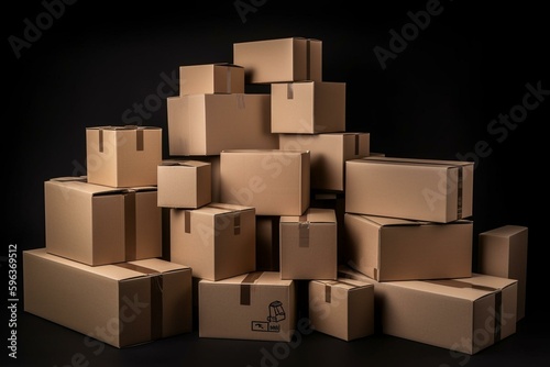 Cardboard boxes on white. Logistics, delivery, transport, warehouse storage. Generative AI © Thessaly
