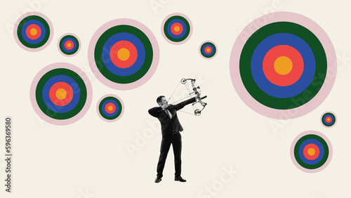 Print op canvas Businessman in formal wear aiming with crossbow on professional target and reaching success
