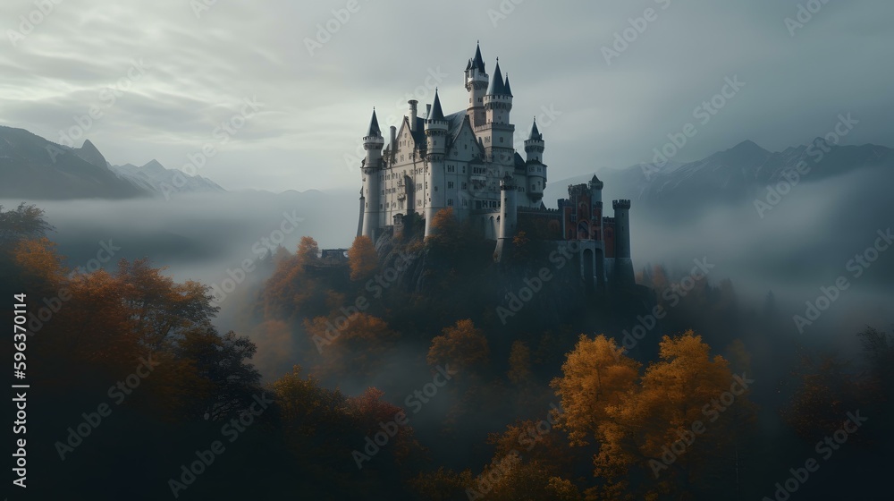 An enchanting and fairy-tale view of a castle peaking out of a forest covered in fog