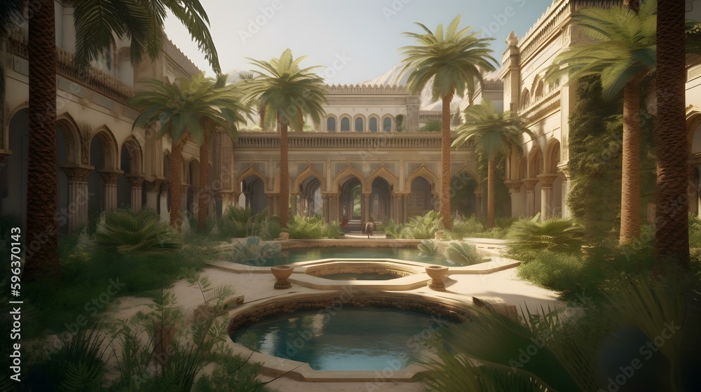 A desert oasis with palm trees and a beatyful palace