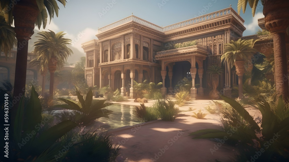 Fototapeta premium A desert oasis with palm trees and a palace