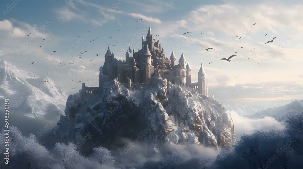 A majestic snow-covered castle nestled in a mountain range