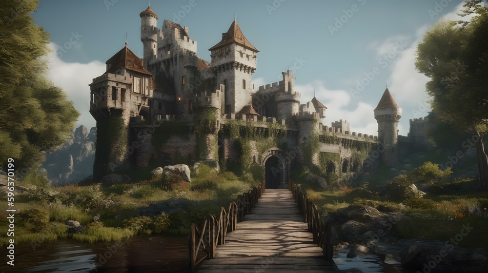 Obraz premium A medieval castle with towering walls and a drawbridge