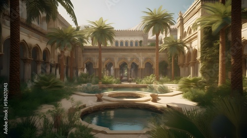 A desert oasis with palm trees and a beatyful palace © Ostojic
