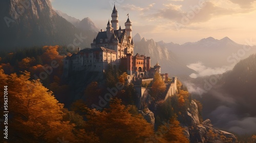 An enchanting and magical view of a fairy tale castle on a mountainside on a sunny day ending