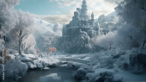 A magical winter forest with a frozen lake and a castle made of ice