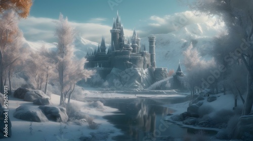 A magical winter forest with a frozen lake and a castle made of ice
