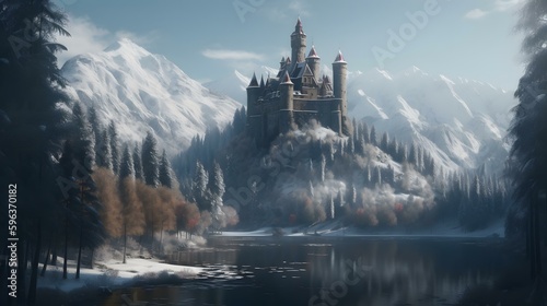 A majestic castle perched atop a snowy mountain peak surrounded by a lake and mountains
