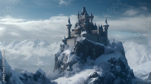 A majestic snow-covered castle nestled on top of a mountain range