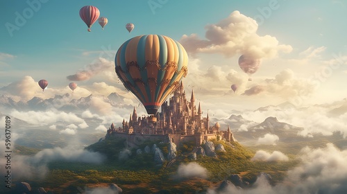 An air baloon flying to a castle photo