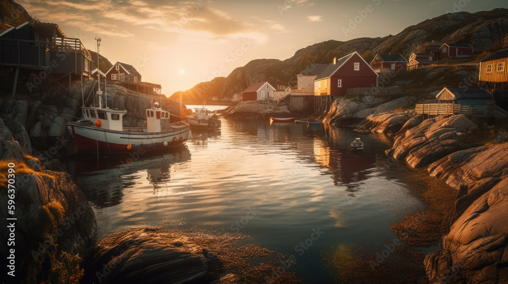 a fishing port in norway at sunset in summer. Generative AI