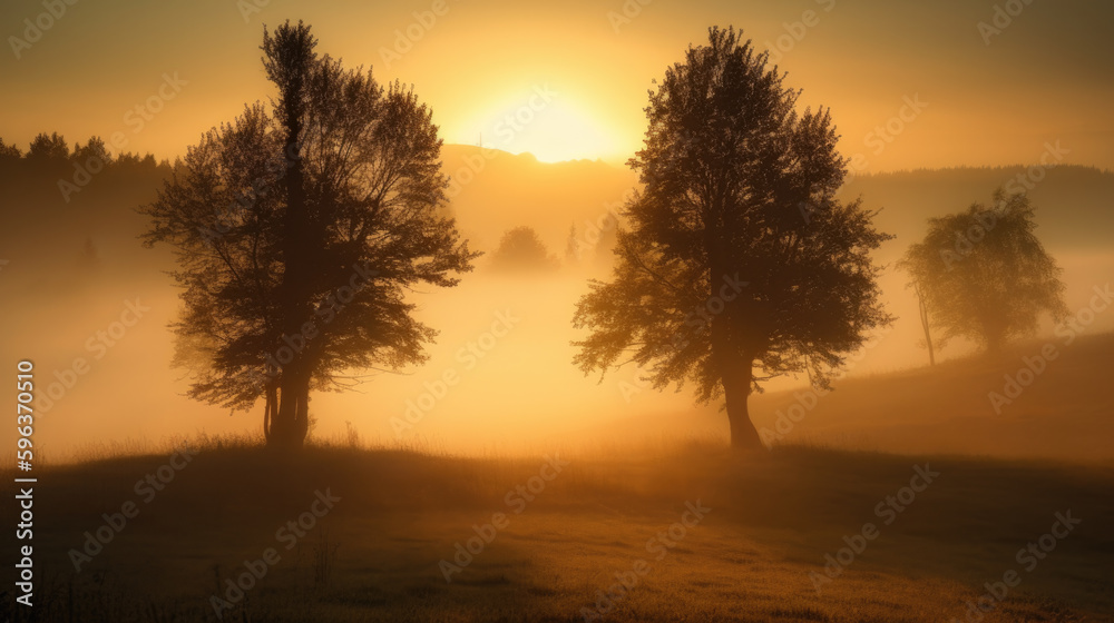 trees in autumn with fog. Generative AI