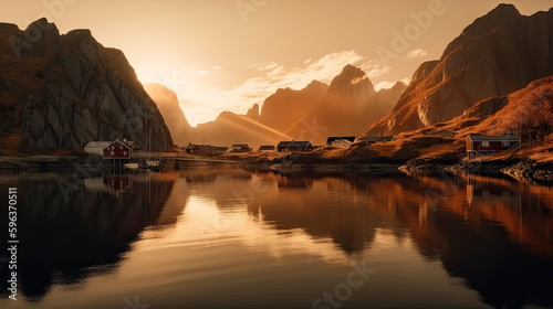 sunrise on the lofoten islands in norway a lake reflects the sun's rays. Generative AI