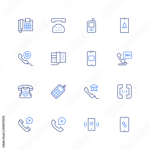 Phone icon set. Editable stroke. Thin line icon. Duotone color. Containing telephone, phone, phone call, phone chat.