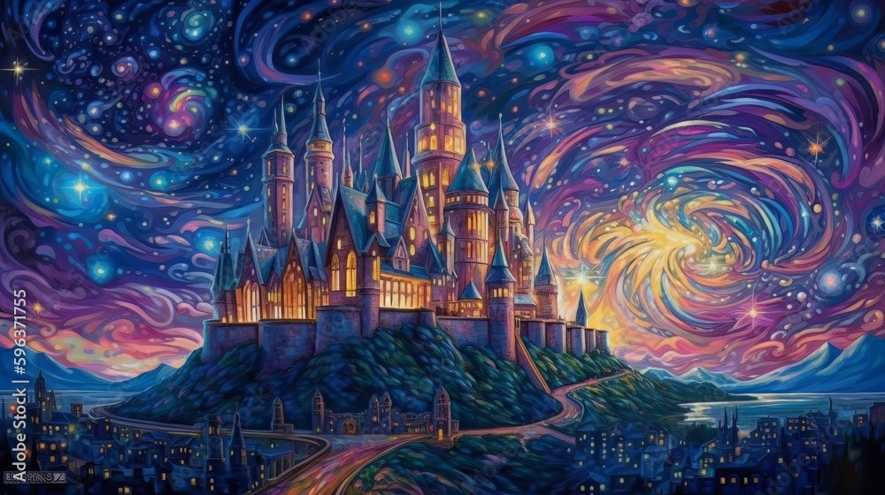 Magic castle in the night sky. Digital painting. Fantasy illustration..Generative AI Magic castle in the night sky. Digital painting. Fantasy illustration..Generative AI