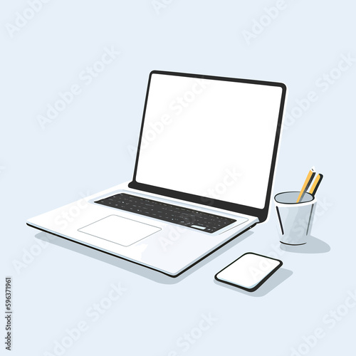 modern workplace with laptop, on white background