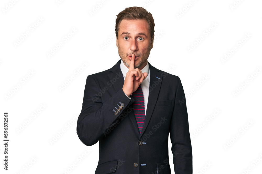 A middle-aged businessman isolated keeping a secret or asking for silence. A middle-aged businessman isolated keeping a secret or asking for silence.