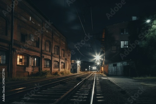Nighttime urban street with old factory buildings and railroad tracks. Generative AI