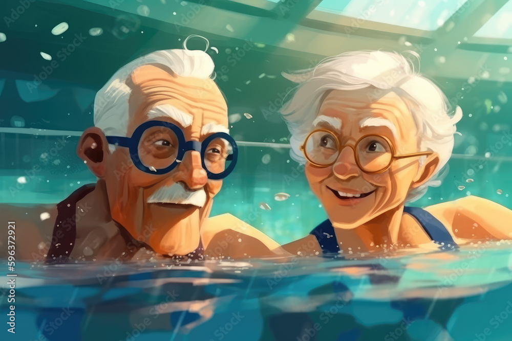 Naklejka premium An old couple is swimming in the pool, a gray-haired grandfather and grandmother in glasses are engaged in water sports. cartoon style, generative ai